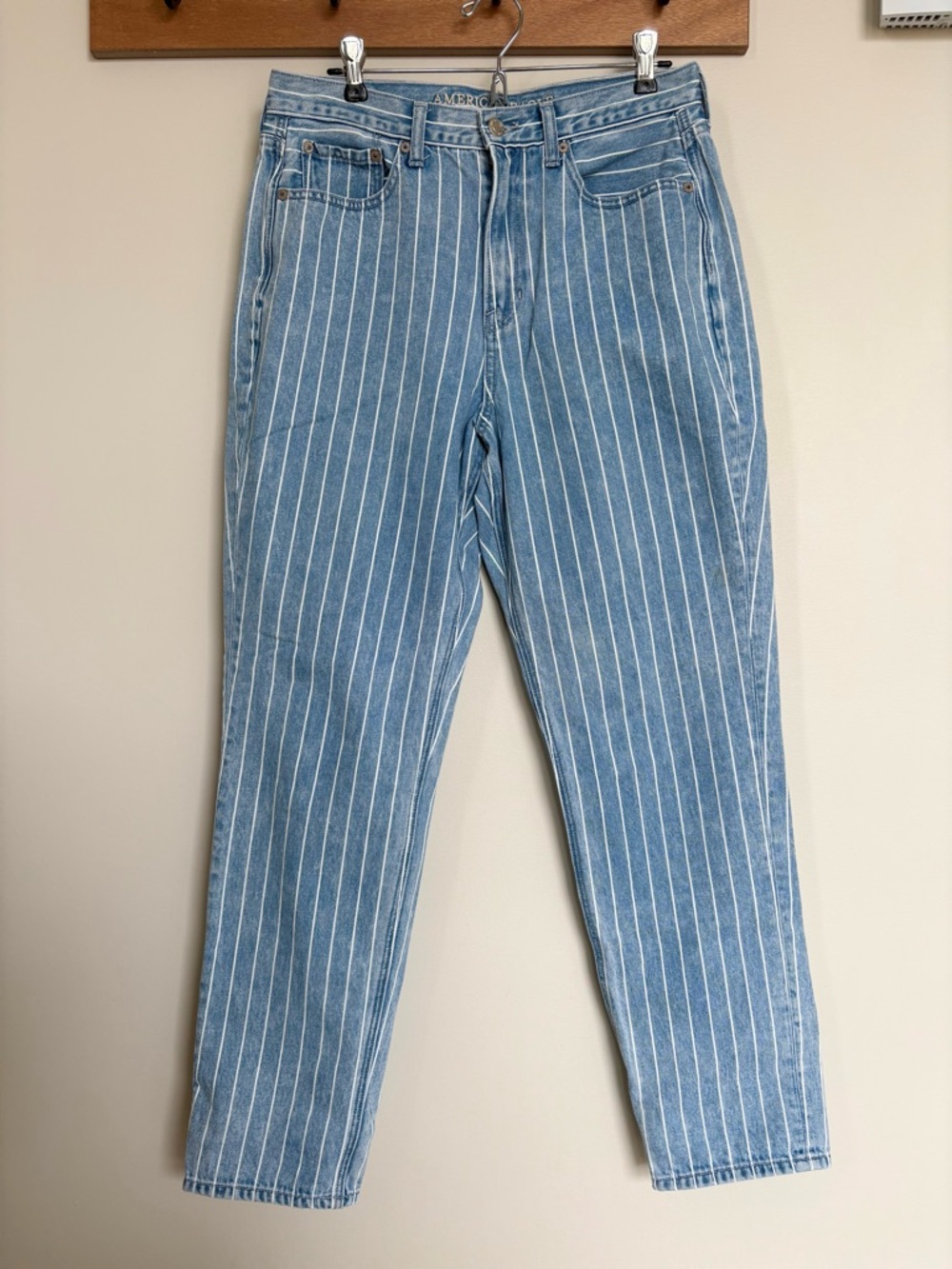 American Eagle Pinstripe Jeans High Rise Straight Leg Light Blue Women’s 8 Long